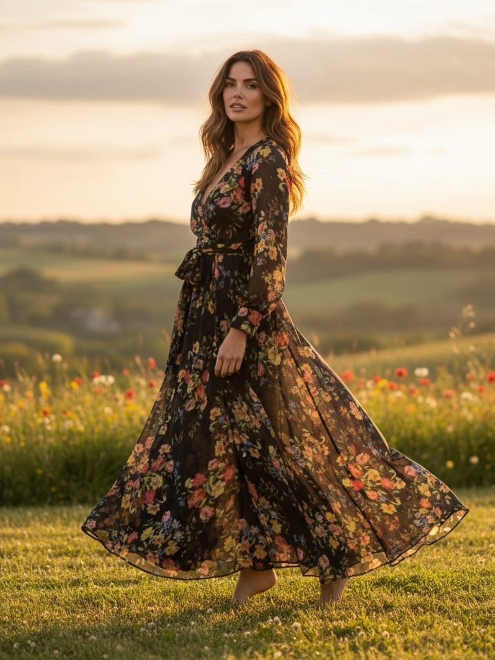 Floral Maxi Dress Medium Black Sheer V-Neck Boho Whimsical Romantic Sexy